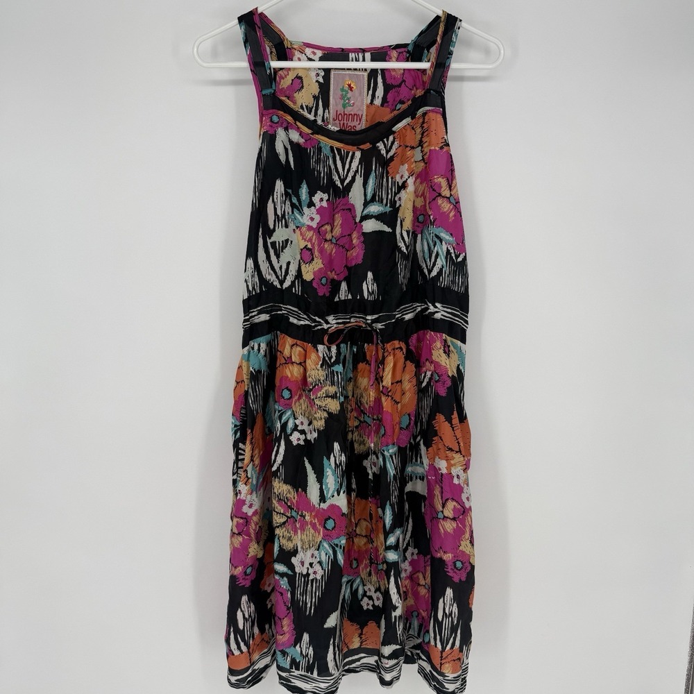 Johnny Was Women's Floral Silk Dress XS Tie Waist Mixed Print Artsy Vacation